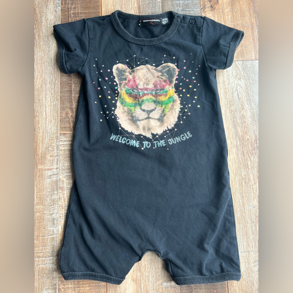 Rock Your Baby black tiger Welcome to the Jungle short sleeve romper sz 18-24M